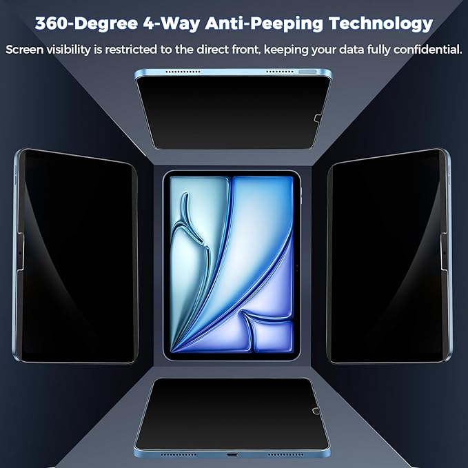 360° 4 Way Privacy Screen Protector for iPad Air 11 Inch M3 M2 (7th/ 6th Generation, 2025/2024), 360 Degree Anti-Spy Tempered Glass Film for iPad Air 11, Touch Sensitive, Case Friendly, 1 Pack