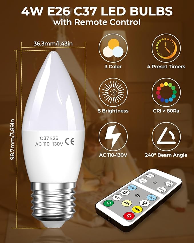 Lustaled 4W E26 LED Light Bulb with Remote Control, Dimmable B11 Edison Candle Light Bulbs 40 Watt Equivalent, 3 Color 3000K/4000K/6000K & Timer, 120V Candelabra Medium Base for Lamps, Chandeliers