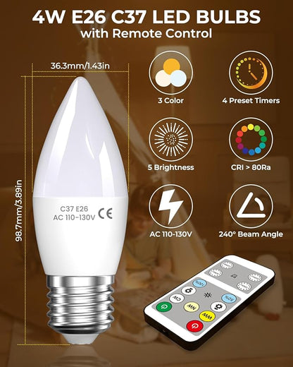Lustaled 4W E26 LED Light Bulb with Remote Control, Dimmable B11 Edison Candle Light Bulbs 40 Watt Equivalent, 3 Color 3000K/4000K/6000K & Timer, 120V Candelabra Medium Base for Lamps, Chandeliers