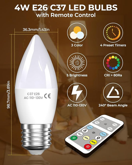 Lustaled 4W E26 LED Light Bulb with Remote Control, Dimmable B11 Edison Candle Light Bulbs 40 Watt Equivalent, 3 Color 3000K/4000K/6000K & Timer, 120V Candelabra Medium Base for Lamps, Chandeliers