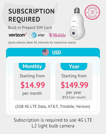 LaView 4G LTE Cellular Light Bulb Security Camera,360°2K Security Cameras Wireless Outdoor Indoor 4MP Full Color Day and Night,Motion Detection, Audible Alarm,Easy Installation,Compatible with Alexa
