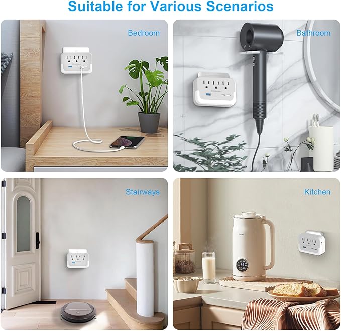 Portable Outlet Extender with Light Sensor lamp,Power Strip with 3 Outlet and 3 USB Ports(2 USB-C Ports && 1 USB-A Port Total 15.5W/3.1A).Multi Plug Wall Outlet for Home Travel Office-White