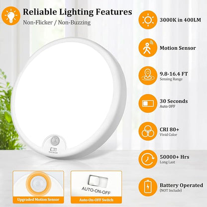 2-Pack Battery Operated Motion Sensor LED Ceiling Lights Indoor, Wireless Flush Mount Light Fixture 3000K in 400LM, Battery Powered Ceiling Lamps for Closet Pantry Laundry Stair(Battery Not Included)