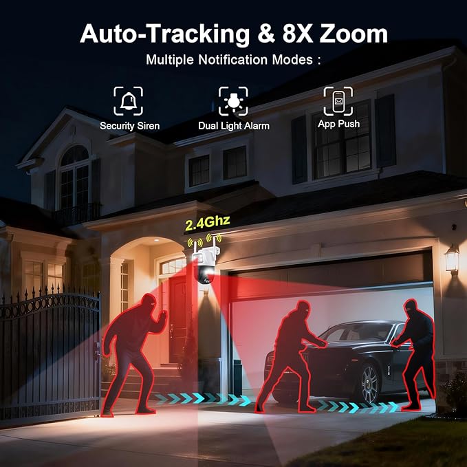 Outdoor Camera 3 Lens, 8X Hybrid Zoom WiFi Security Cameras Wired 24/7 Recording, Pan/Tilt 360°View Auto Tracking, Free AI Detection, Color Night Vision, 2 Way Audio, 32GB Local Storage