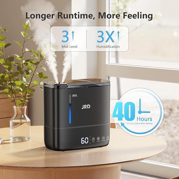 JRD Humidifiers for Bedroom, Ultrasonic Humidifier 4L for Large Room, Cool Mist Top-Fill, 40H Run, 12H Timer, 360° Nozzle, Aroma Diffuser, 7-Color Night Light for Home, Office, Baby, Pets, Plants