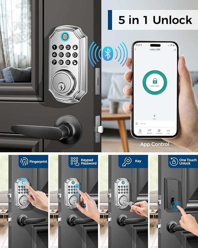 Keyless Entry Door Lock, Smart Deadbolt Lock with Handleset D180 & D280 (Fingerprint & Leveler) (Metallic)