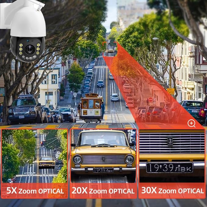 5MP 30X Optical Zoom Security PTZ Camera, WiFi 2.4GHz 5GHz Speed Dome Wireless IP Camera, Motion Detection Auto Tracking Outdoor Color Night Vision Infrared 390ft