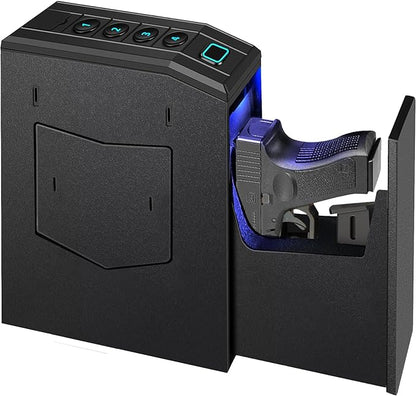 Hidden Gun Safe for Pistols, Biometric Fingerprint Smart Slider Handgun Safe for Nightstand, Desk, Bedside, Wall,Truck -Auto Sliding Door- Fingerprint, PIN Code, KEY Access (Black-Biometric)