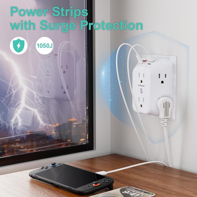 2 Pack Outlet Extender Surge Protector, 6 Outlet Splitter with 4 USB Ports (2 USB C), Multiple Plug Expander Wall Charger, 4 Sided 1050 J Multi Plug Wall Adapter Power Strip for Home Office Kitchen