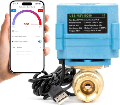 Motorized Ball Valve 1/2 in NPT U.S. Solid WiFi Smart 2-Way Brass Electric Valve USB Powered LED Indicator Remote On/Off for Water and Irrigation