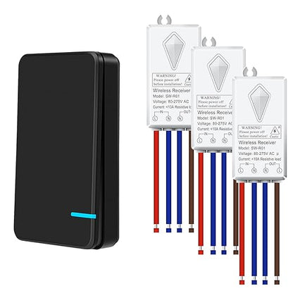 NineLeaf Wireless Switch and Receiver Kit, Black Wireless Light Mini Switch,No Wiring, No WiFi, Remote Control Lighting Fixture for Led Light, Ceiling Lights, Lamps,1000W LED(1Switch 3Receivers)