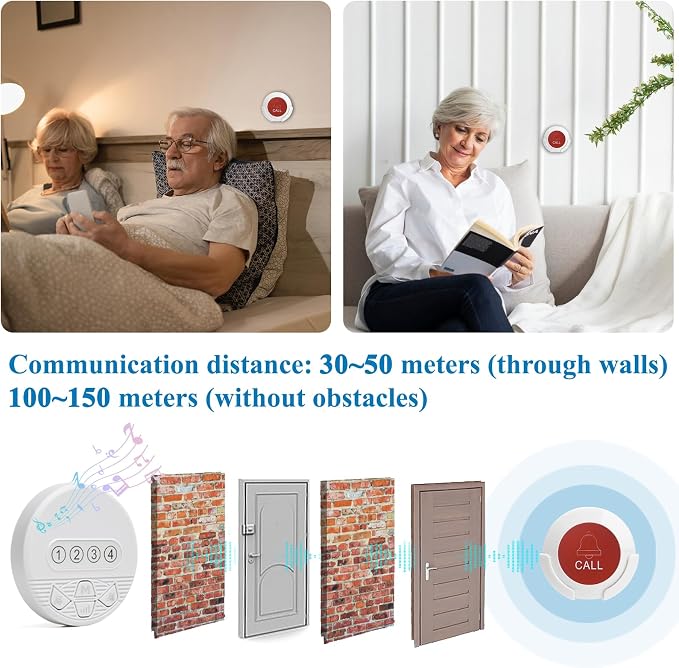 Caregiver Pager Wireless Call Button for Elderly Alert in Home Nurse Call Bell Alarm System with LED Number Display for Seniors/Patient/Disabled at Nursing Home,Hospital,Clinic