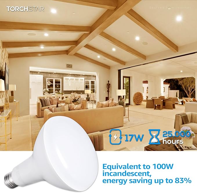 TORCHSTAR BR40 LED Light Bulbs, Indoor Flood Light Bulbs, Dimmable, 3000K Warm White, 100W Equivalent 17W, 1400lm, E26 Base, Recessed Can Light, Flicker-Free, UL & FCC Listed, Pack of 4