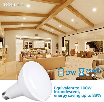 TORCHSTAR BR40 LED Light Bulbs, Indoor Flood Light Bulbs, Dimmable, 3000K Warm White, 100W Equivalent 17W, 1400lm, E26 Base, Recessed Can Light, Flicker-Free, UL & FCC Listed, Pack of 4