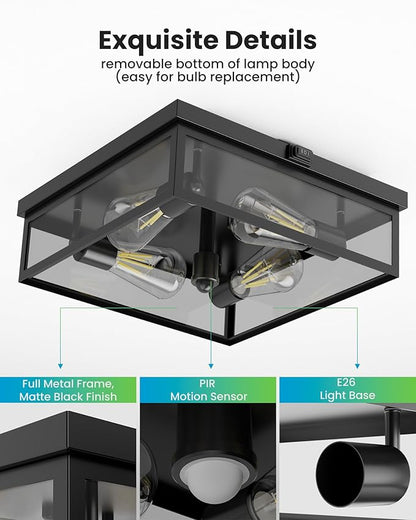 Caftersmark Outdoor Ceiling Light with Motion Sensor 14‘’, Flush Mount Porch Ceiling Light, lear Glass with Dusk to Dawn 4-Light Close to Ceiling Light Fixture for Patio,Porch,Garage