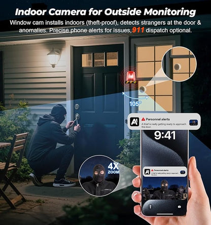 4MP/2K Window Camera for Home Security, 2Pack No Drill 5G&2.4G WiFi Indoor Security Cameras, Outdoor Monitoring thru Glass, Blacklight Color Night Vision, 24/7 AI Human Detection, Apt. Easy Mag. Mount