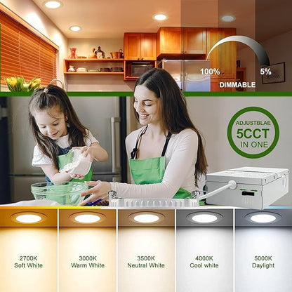 zouzai 1 Pack 4 Inch 5CCT Ultra-Thin LED Recessed Ceiling Light with Junction Box, 2700K/3000K/3500K/4000K/5000K Selectable, 9W Eqv 80W, Dimmable, led can Lights - ETL and Energy Star Certified