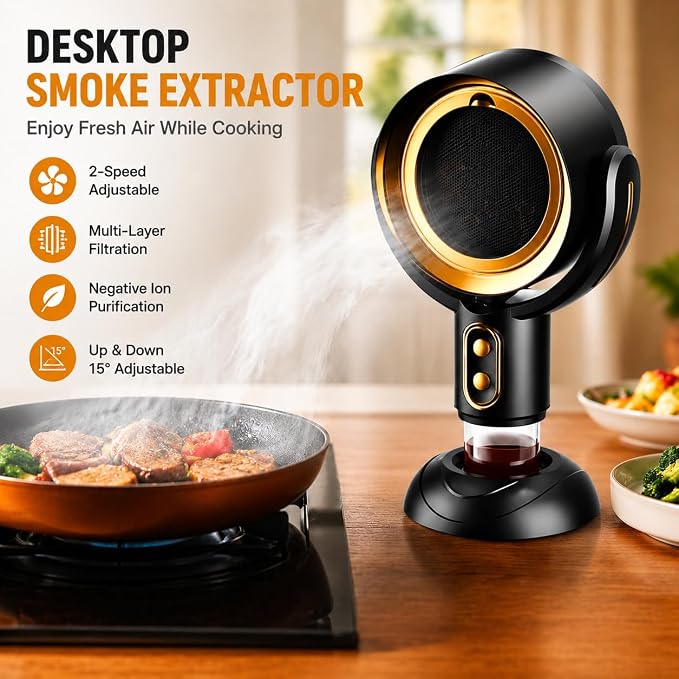 PuffHide Portable Smoke Purifier for Indoor Smoking with 2-Speed Exhaust Fan, Adjustable Angle Compact Cleaner for Kitchen Cooking, BBQ & Indoor Use, Black Gold