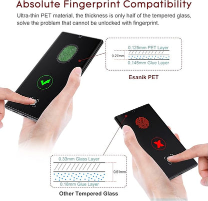 Esanik [2+2 Pack] Privacy Screen Protector for Samsung Galaxy S22 Ultra 6.8-inch [NOT for S22 Plus/S22] Anti Spy PET Film(NOT Glass) with Easy Installation Frame + Camera Lens Protector Fingerprint ID Compatible