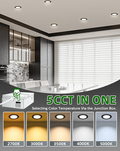 zouzai 12 Pack 6 Inch Black 5CCT Reset LED Recessed Ceiling Light with Junction Box, 2700K/3000K/3500K/4000K/5000K Selectable, 12W Eqv 110W,Dimmable, led can Lights- ETL and Energy Star Certified