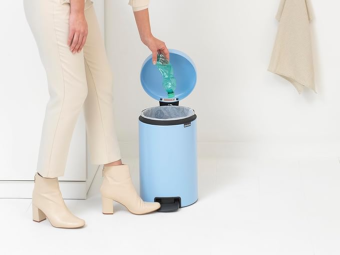 Brabantia Step-On Small Trash Can | Dreamy Blue | 3.2 Gallon / 12L | Bathroom, Bedroom, Office Trash Can, Light Pedal Opening, Handle & Removable Inner Bucket | 9.9 x 13.3 x 16.2 | + Trash Bags