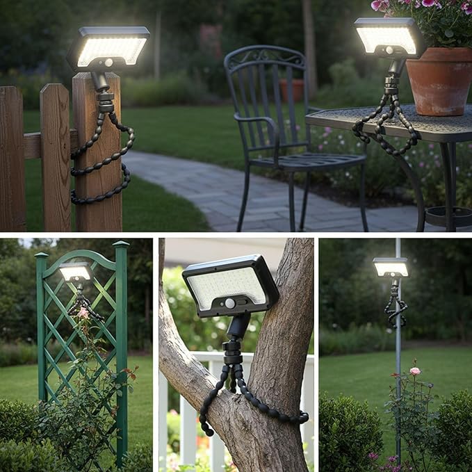 HULPPRE Solar Motion Sensor Lights Outdoor with Octopus Stand,Clip On, 92 LEDs,IP65 Waterproof, 360° Rotatable, 3 Modes Wall Lamp,for Front Door, Yard, Patio, Deck, Camping