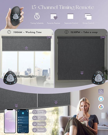 Graywind Motorized Shades 100% Blackout Work with Alexa Google WiFi Smart Hardwired Window Shade Remote Control Thermal Insulated Electric Blinds, Customized Size (Dark Gray)