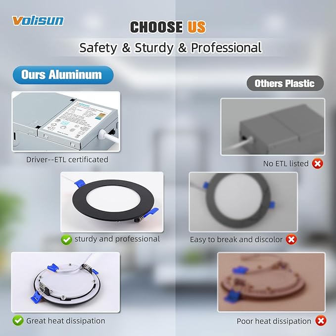 VOLISUN 12 Pack 4 inch Recessed Lighting, 5CCT LED Recessed Light Black, 2700K-5000K Selectable, 9.5W Eqv 80W, 810LM Dimmable Canless Wafer Downlight, LED Ceiling Light ETL Certificated