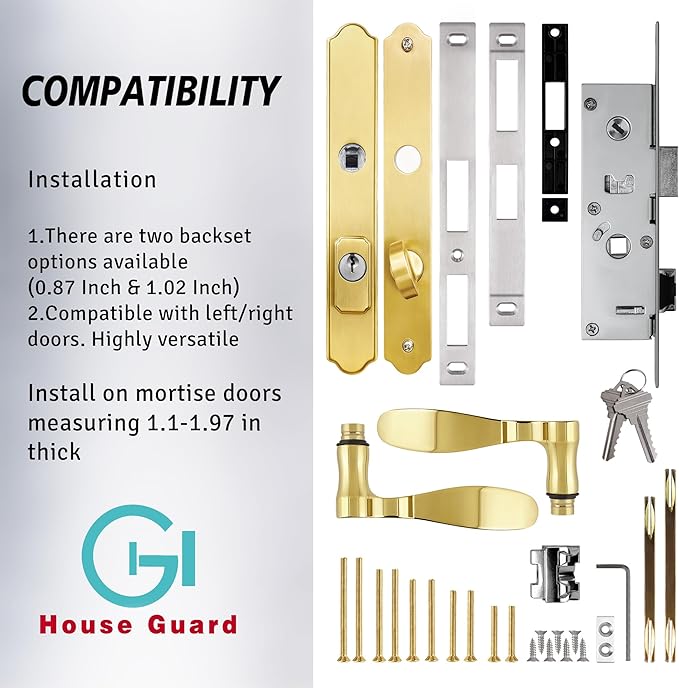 House Guard Storm Door Handle Replacement with Lock, Fits Storm & Screen Doors, Compatible with 1.1-1.97 Inch Thick Doors, 0.87 Inch & 1.02 Inch Backset Options (Brass)