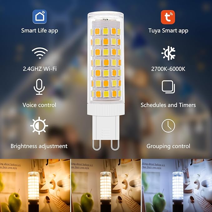 3Pack Dimmable Wi-Fi Smart LED Bulbs with G9 Base,Compatible with Amazon Alexa and Google Assistant-Warm to Cool White(2700K-6000K),Adjustable Brightness From 1%-100% (120V,0.4-4.7W,40LM-450LM）