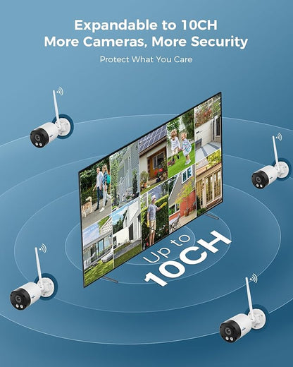 Hiseeu 8MP Outdoor Wireless Security Camera System, 10" Touch Screen NVR, 5G/2.4G WiFi-Pro 4K Cameras Kits, Full-Color Night Vision, Motion Detection, Two-Way Audio, IP66 Waterproof, 1TB HDD, No Fees