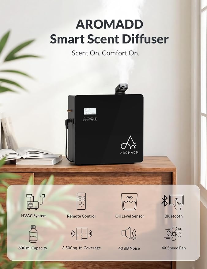 2026 Upgraded 3500 Sq.Ft HVAC Scent Diffuser for Home | Smart Whole House Waterless Diffuser with App & Remote Control, Hotel Collection Diffuser, Cold Air Tech, 600mL, Black