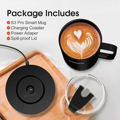 Vsitoo S3 Pro 16oz Smart Self Heating Coffee Mug,Heated Coffee Mug with Auto-Sensing AI Heats Drinks to 120-150°F Hands-Free.Perfect for Home/Office,Ideal Gift fo Men/Women, Black