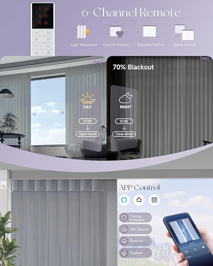 Graywind Motorized Sheer Vertical Blinds Compatible with Alexa Google Smart Sheer Curtain Drapery Privacy Light Filtering Remote Control Vertical Shades, Custom Width Up to 157", Light Grey