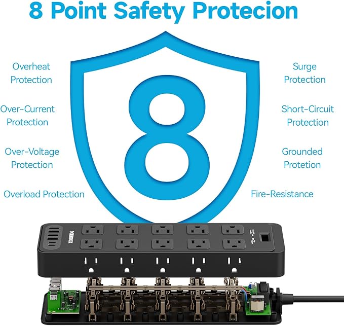 20AC Power Strip with USB Ports, Heavy Duty Surge Protector Power Strip 15 Amp, 6Ft Extension Cord with Multiple Outlets (Black, 6.5FT)