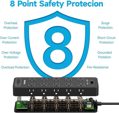 20AC Power Strip with USB Ports, Heavy Duty Surge Protector Power Strip 15 Amp, 6Ft Extension Cord with Multiple Outlets (Black, 6.5FT)