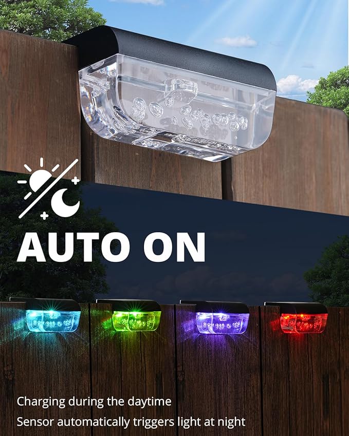 Herzila 16 Pack Solar Fence Lights, RGB Color Changing Christmas Fence Solar Light, Waterproof Deck Lights for Step, Stair, Pool and Yard