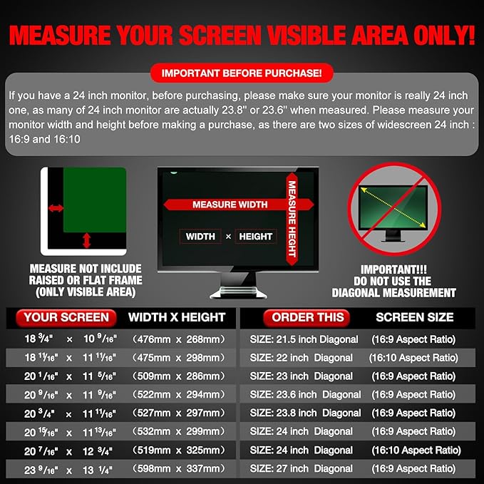 Computer Privacy Screen Filter for 21.5 Inch 16:9 Widescreen Monitor, Anti-Spy/Anti Glare Protector Office Accessories - WxH: 18 3/4" x 10 9/16" (476mm x 268mm)