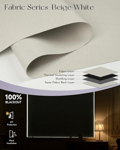 Graywind Smart Blackout Roller Shades Compatible with Alexa Google Triple Weaved Fabric Rechargeable Motorized Blinds Cordless Remote Control Window Shades, Custom Size (Beige White)