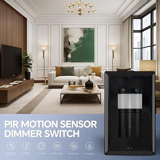 ECOELER Motion Sensor Dimmer Switch, in-wall Electronic Dimmer with PIR Infrared Motion Activated, Single Pole, Occupancy & Vacancy Modes, Neutral Wire Required, Wall Plate Included, Black, 2 Pack