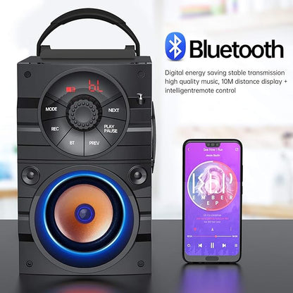 Portable Big Bluetooth Speakers with Light, Wireless with Subwoofer, FM Radio, LED Lights, EQ, Booming Bass, Bluetooth 4.2 Stereo Loud Outdoor/Indoor Retro, for Home, Camping, Travel, Black