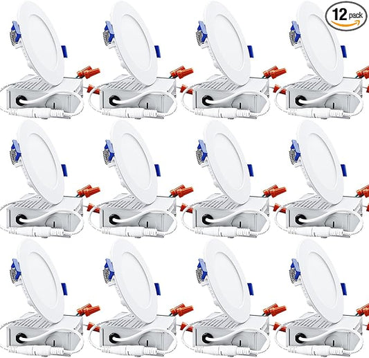 TORCHSTAR 12-Pack 4 Inch Ultra-Thin LED Recessed Lighting with J-Box, 2700K Soft White, 10W Dimmable 650lm Brightness LED Downlight, ETL & Energy Star Listed
