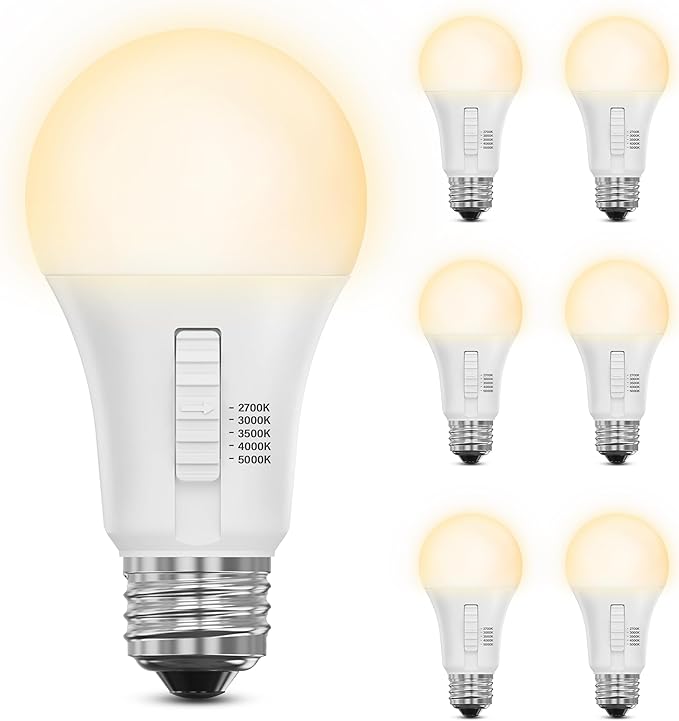 Feit Electric A19 LED Light Bulb, 100W Equiv, Non-Dimmable, Selectable Color Temperatures (2700K-5000K), 1500 Lumens, General Purpose Light Bulbs, 17,000-Hour Lifetime, OM100/5CCT/15KLED/6, 6 Pack