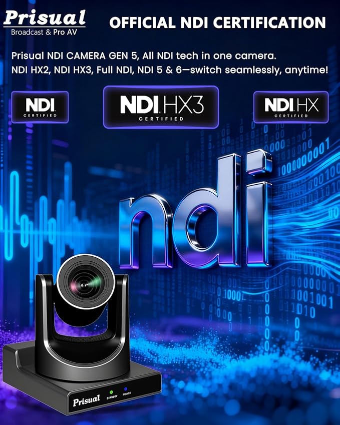 Prisual NDI PTZ Camera Gen 5, AI Auto Tracking, 20X Optical Zoom, 3G-SDI USB LAN PoE HDMI PTZ Camera for Church Worship Education Events (NDI 6 & NDI HX3 Certified) TEM-20N PRO