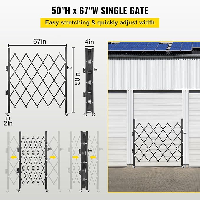 VEVOR Single Folding Security Gate, 48" H x 66" W Folding Door Gate, Steel Accordion Security Gate, Flexible Expanding Security Gate, 360° Rolling Barricade Gate, Scissor Gate or Door with Padlock