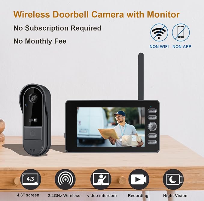 TKMARS Doorbell Camera Wireless No Subscription Video Doorbell, Two-Way Activation & Intercom, IPX65 Waterproof, 1080P Video, 4.3” Screen, 170° Viewing Angle, No APP, No WiFi