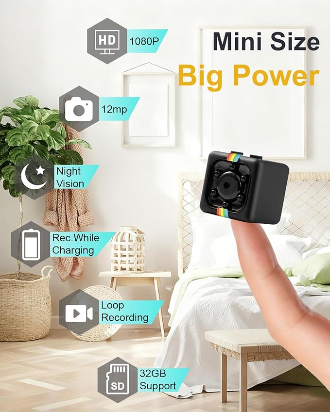 Spy Camera, No WiFi Security Camera with 32GB TF Card, 1080P FHD Mini Cameras with 360° Rotation Bracket, Small Cameras for Home/Indoor/Outdoor Security(Black)