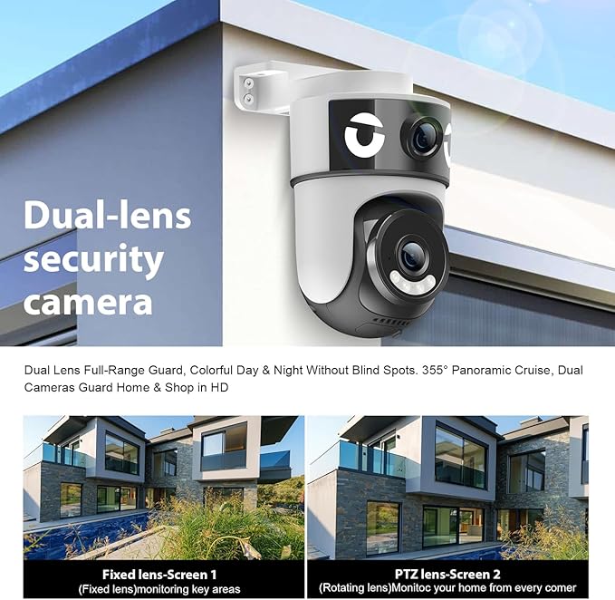 H4 Dual-Lens PTZ WiFi 1080P Home Security Camera, 24/7 Recording IP65 Waterproof Indoor&Outdoor Camera with Motion Detection, Two-Way Audio, Color Night Vision & Cloud Storage