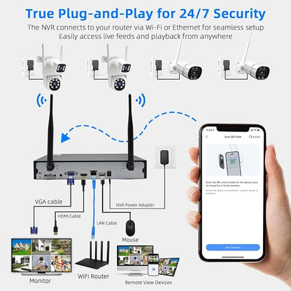 Wireless Security Camera NVR System, 2 Bullet Cam + 2 Dome Cam, 6 Screen Max. up to 16CH, 2K HD 3MP View, Dual-Band WiFi Connection, Smart Color Night Vision, 1TB HDD Local Storage