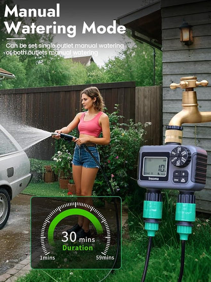 Insoma 2-Zone Water Timer for Garden Hose, Brass Inlet Sprinkler Timer | 2 Independent Zones, Auto/Manual/Rain Delay Modes, IP55 Waterproof Hose Timer, Easy Programmable Schedules for Lawn/Yard